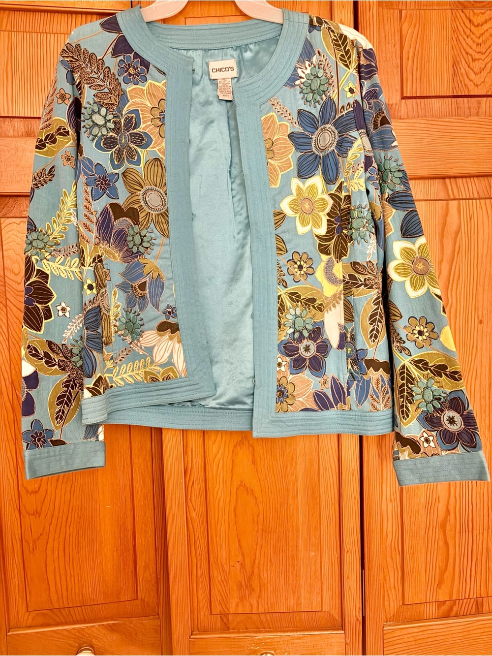 Chico's Teal Floral Embroidered Open Blazer
